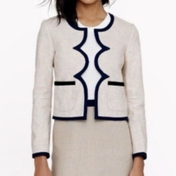 NWT J.Crew Scalloped Linen Jacket Beige Navy Trim Size 0 - Picture 1 of 5